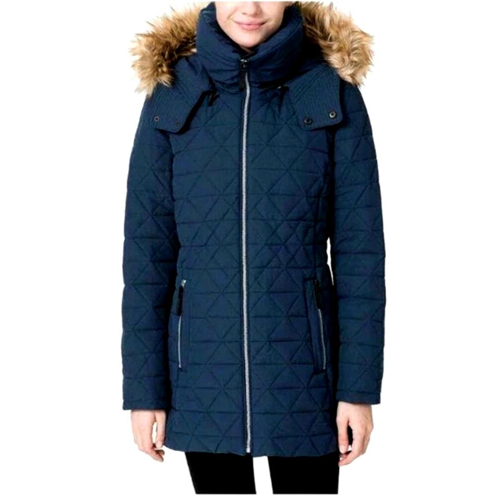 Andrew Marc M Quilted Down Puffer Jacket Fur Hood Funnel Neck Longline Coat Navy